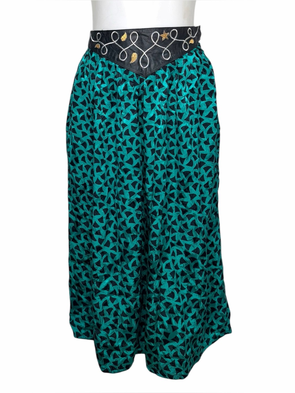 VTG 80s Bellino Paris Mode Silk Midi Skirt Leather Embroidered Waist Teal Black